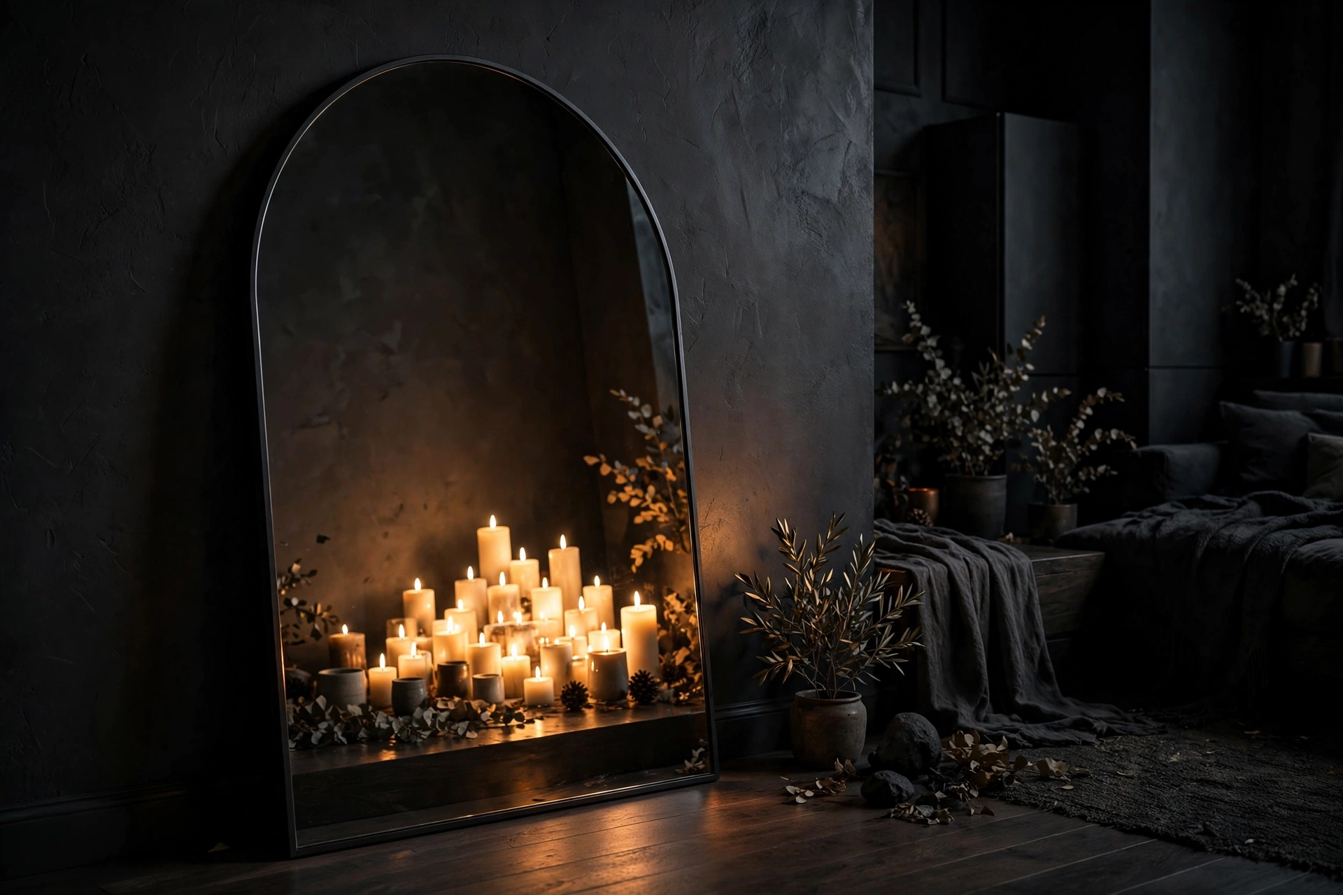 Large arched black-framed mirror reflecting candlelight in a dark moody studio apartment