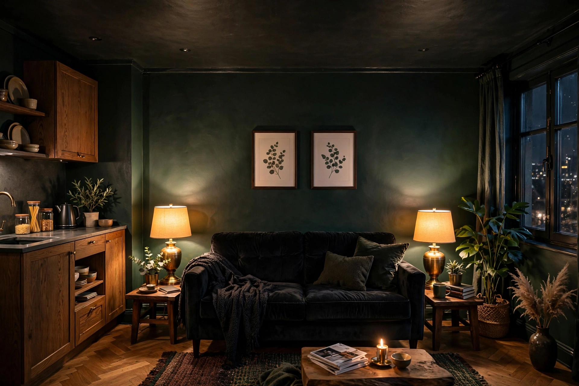 Small studio apartment with a dark charcoal ceiling creating a cozy den feel under low warm lighting