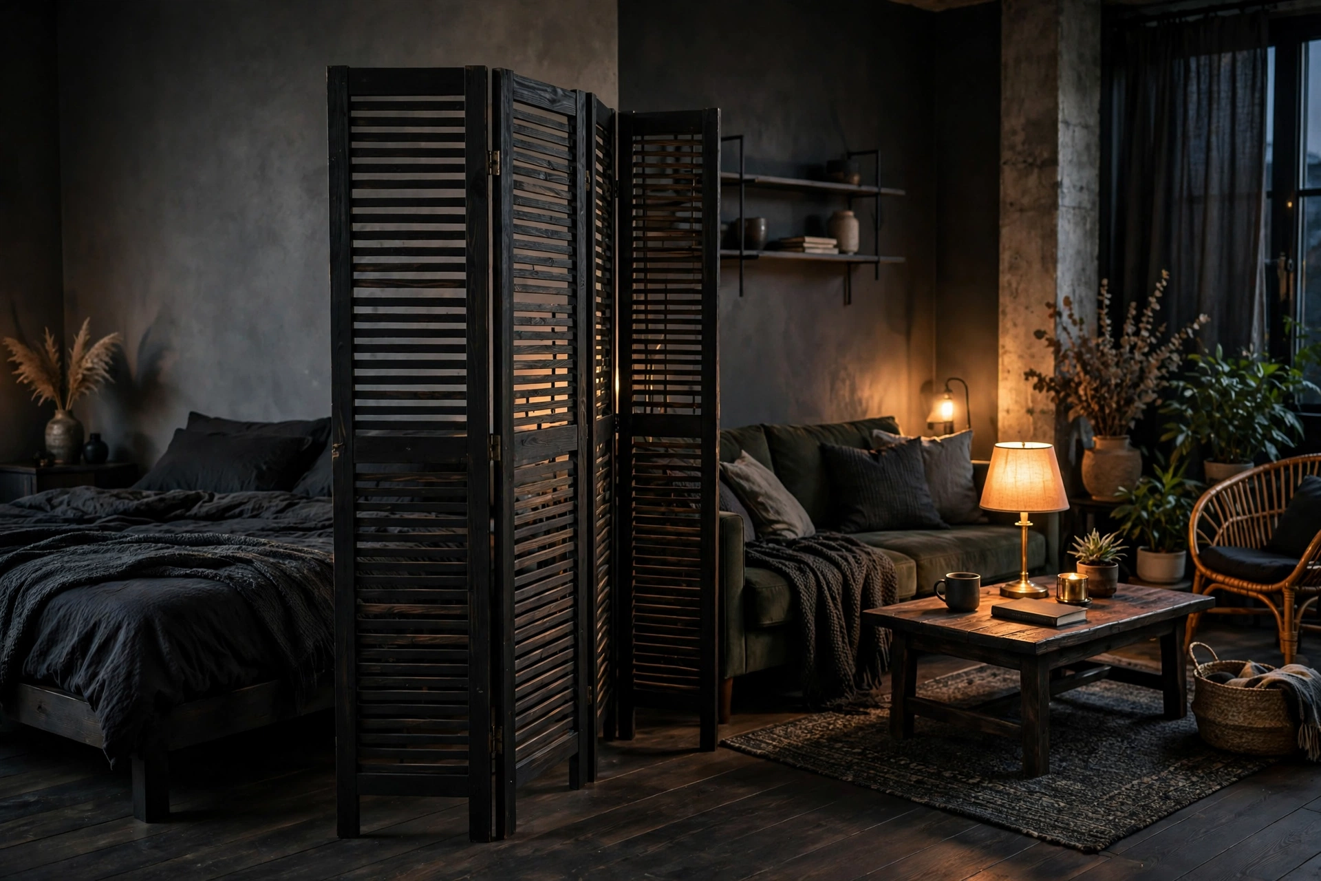 Black wooden folding screen dividing a sleeping zone in a dark moody studio apartment