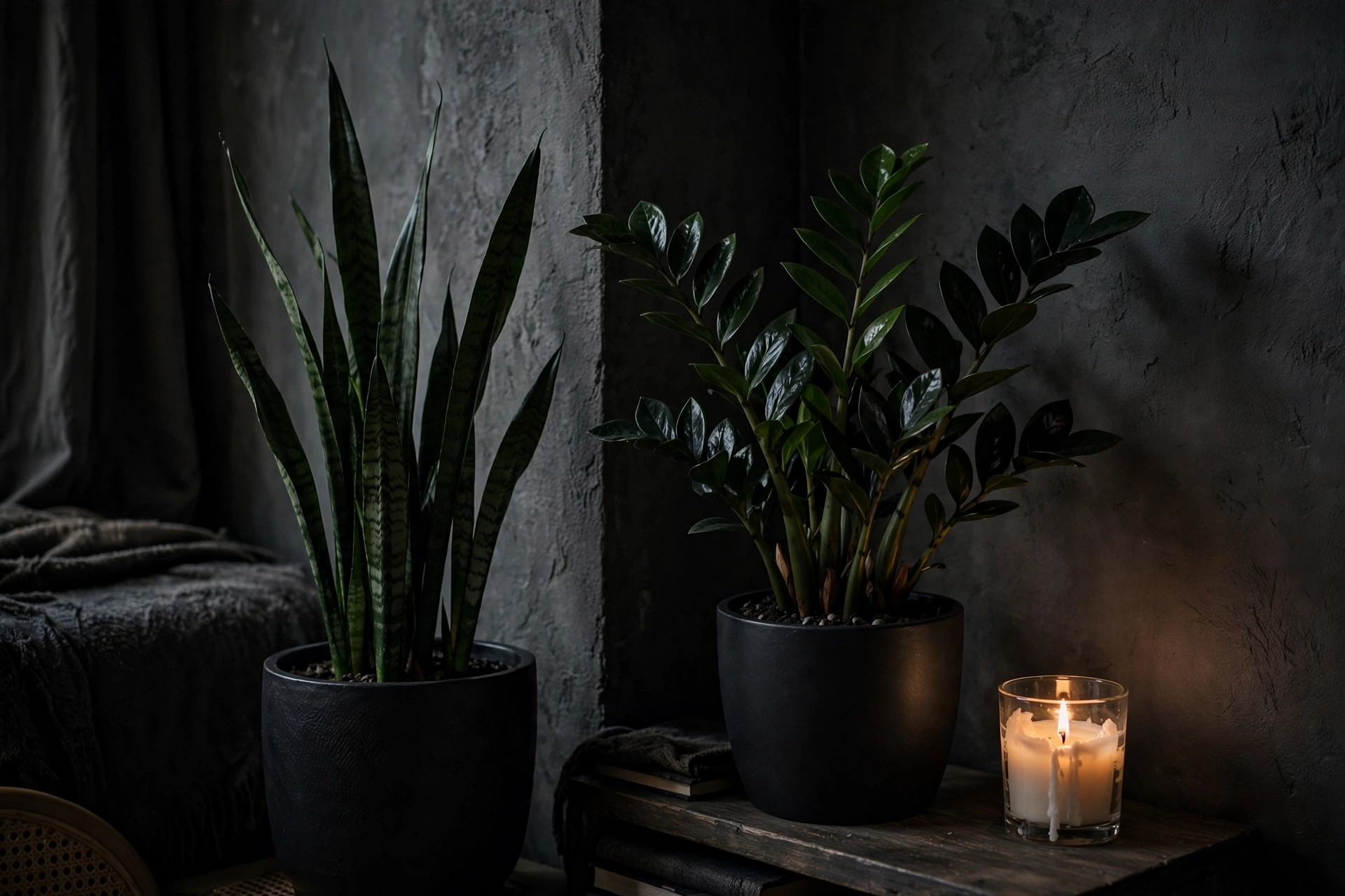 Snake plant and ZZ plant in matte black planters in a dim moody studio corner