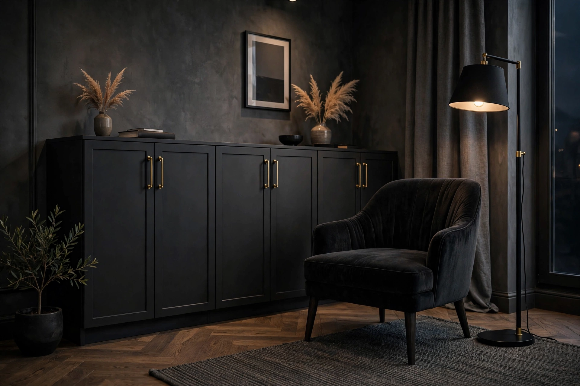 Sleek dark closed storage cabinets in a clutter-free moody studio living room