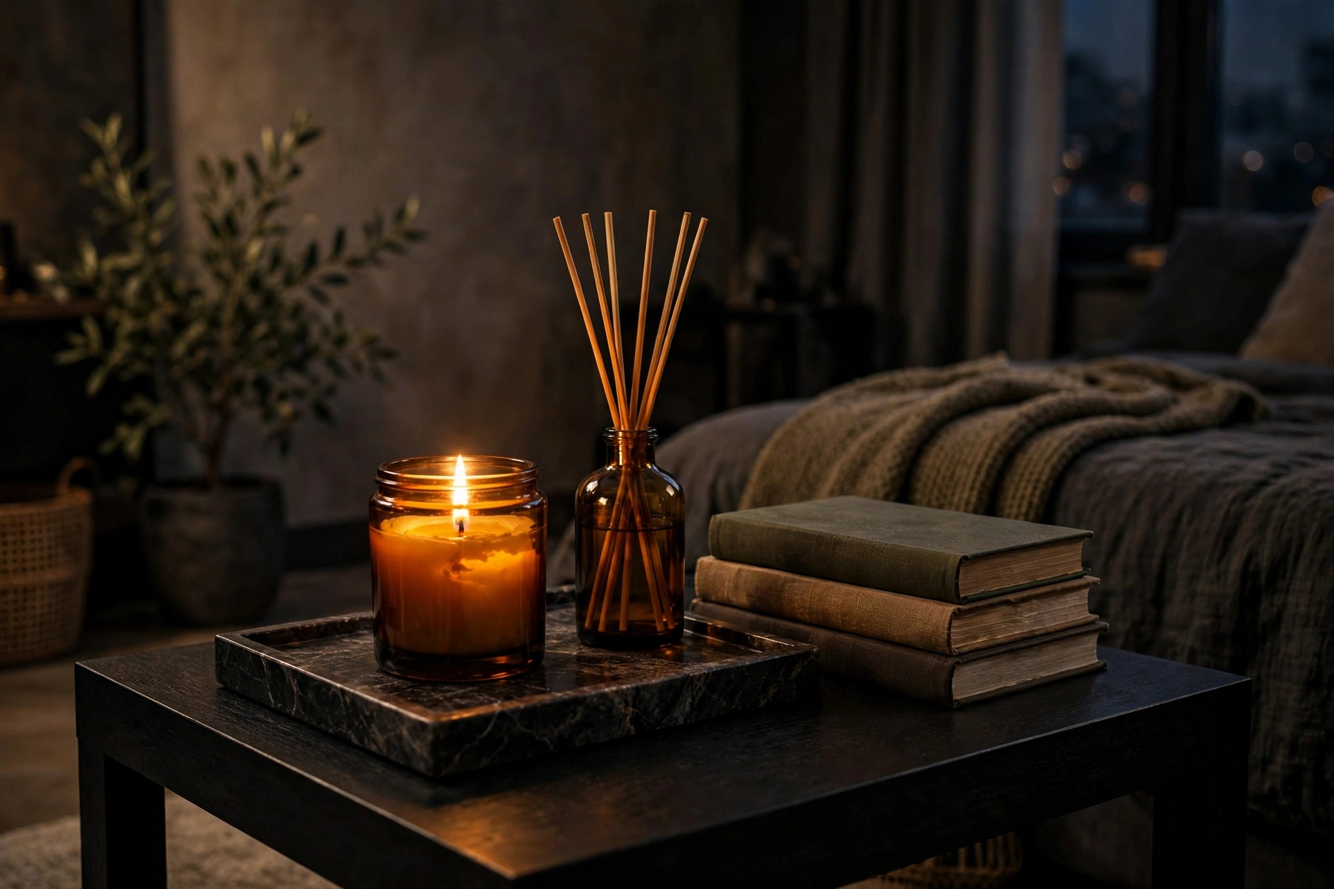 Amber glass candle and cedar diffuser on a dark marble tray beside books in a moody studio