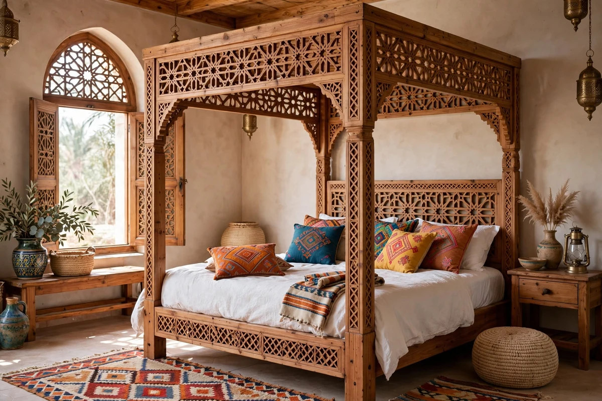 Carved cedar canopy bed in a Moroccan bedroom with colorful textiles