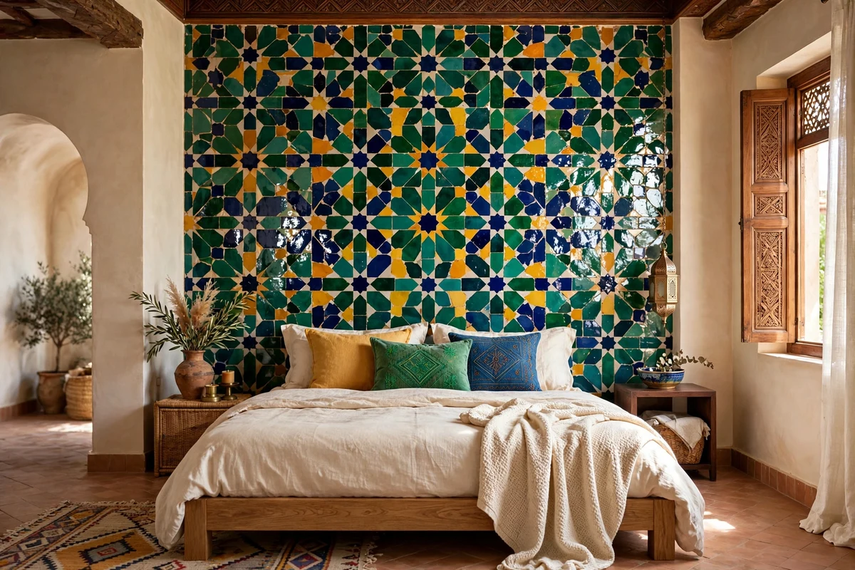 Colorful zellige tile accent wall behind a bed in a Moroccan bedroom