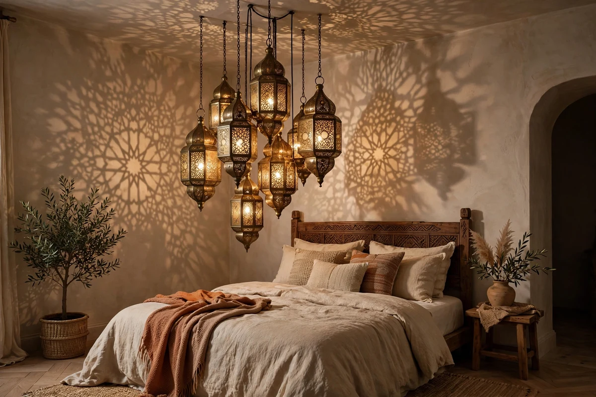 Cluster of Moroccan brass lanterns hanging over a bed