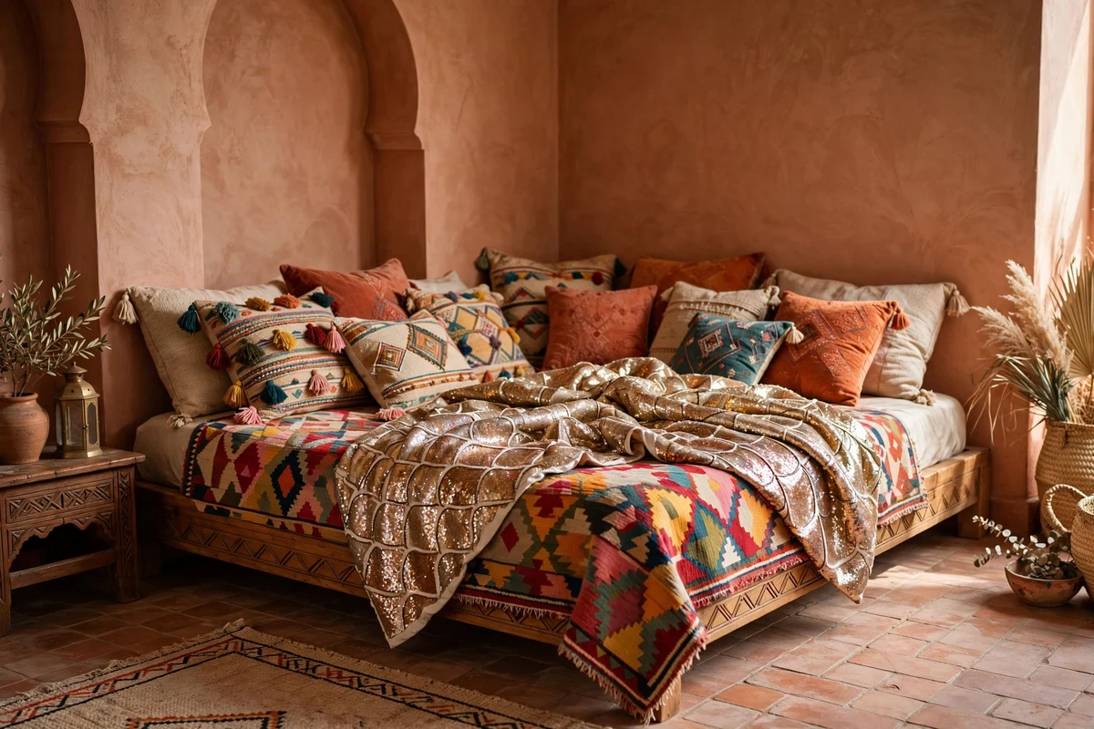 Low Moroccan platform bed piled with colorful textiles and pillows