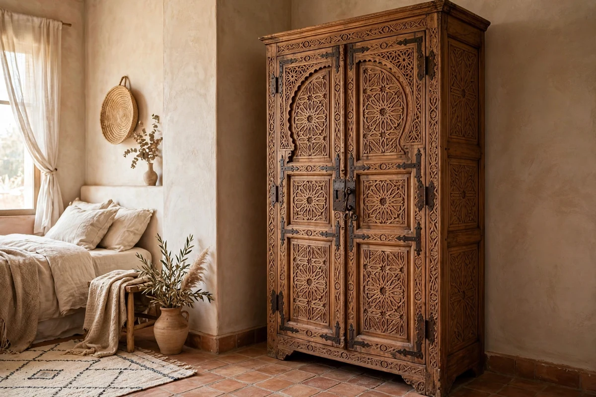 Carved wooden Moroccan wardrobe armoire in a bedroom corner
