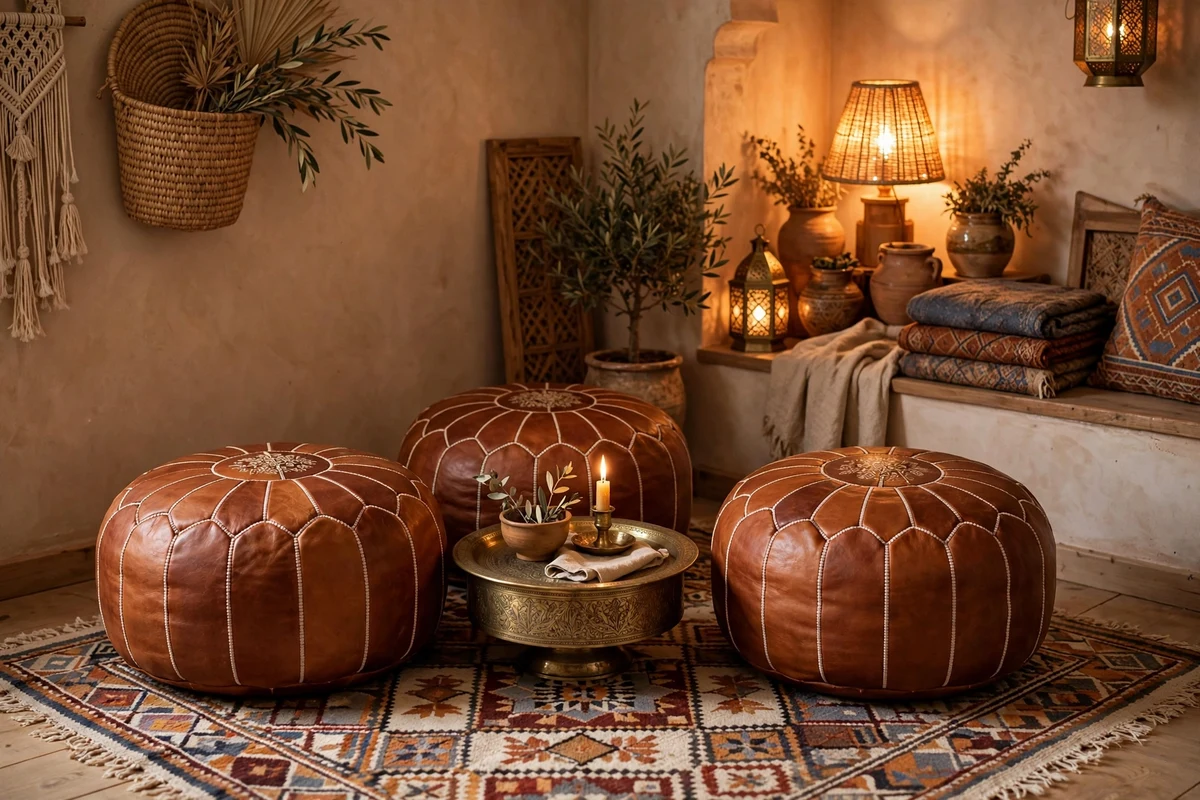 Moroccan leather poufs in a cozy bedroom corner with brass tray table