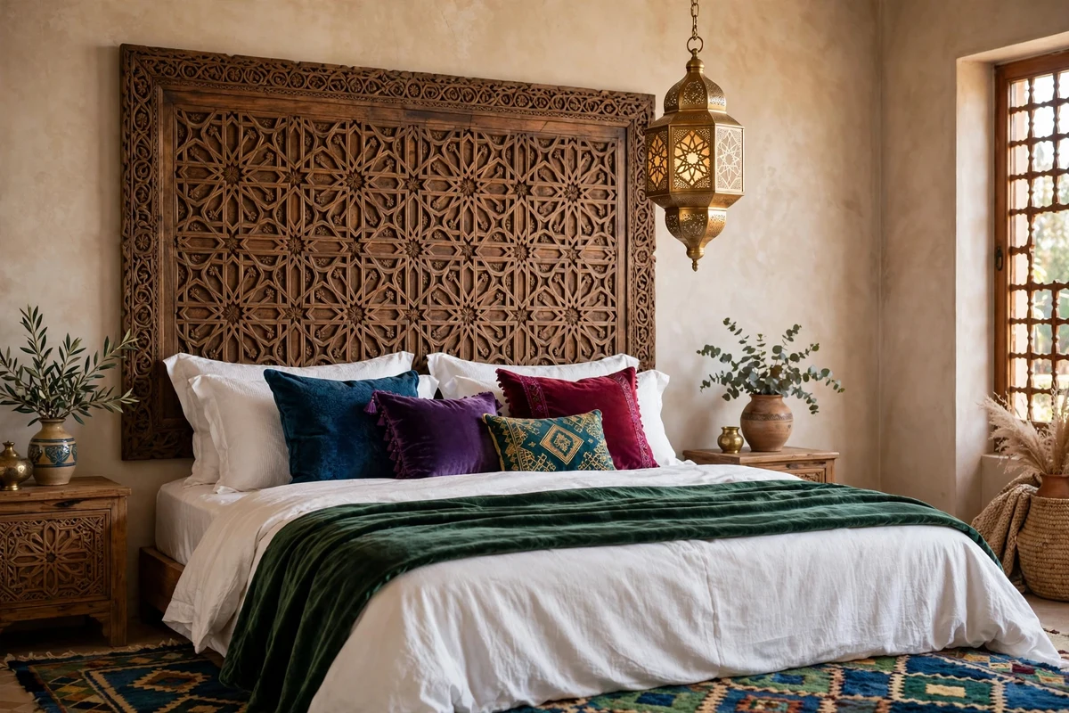 Intricately carved wooden Moroccan headboard behind a bed