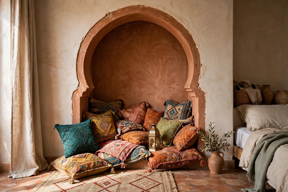 Horseshoe arch alcove with cushions in a Moroccan bedroom