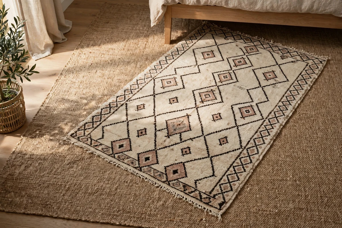 Layered vintage Moroccan rugs on a bedroom floor