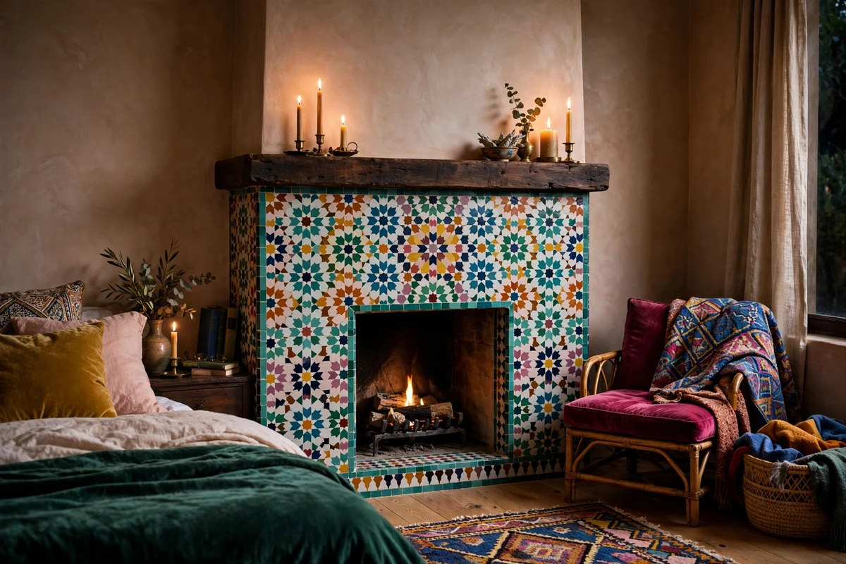 Moroccan mosaic tile fireplace surround in a bedroom