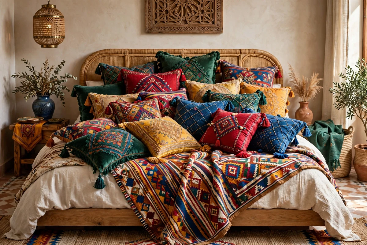 Jewel-tone Moroccan throw pillows piled on a bed