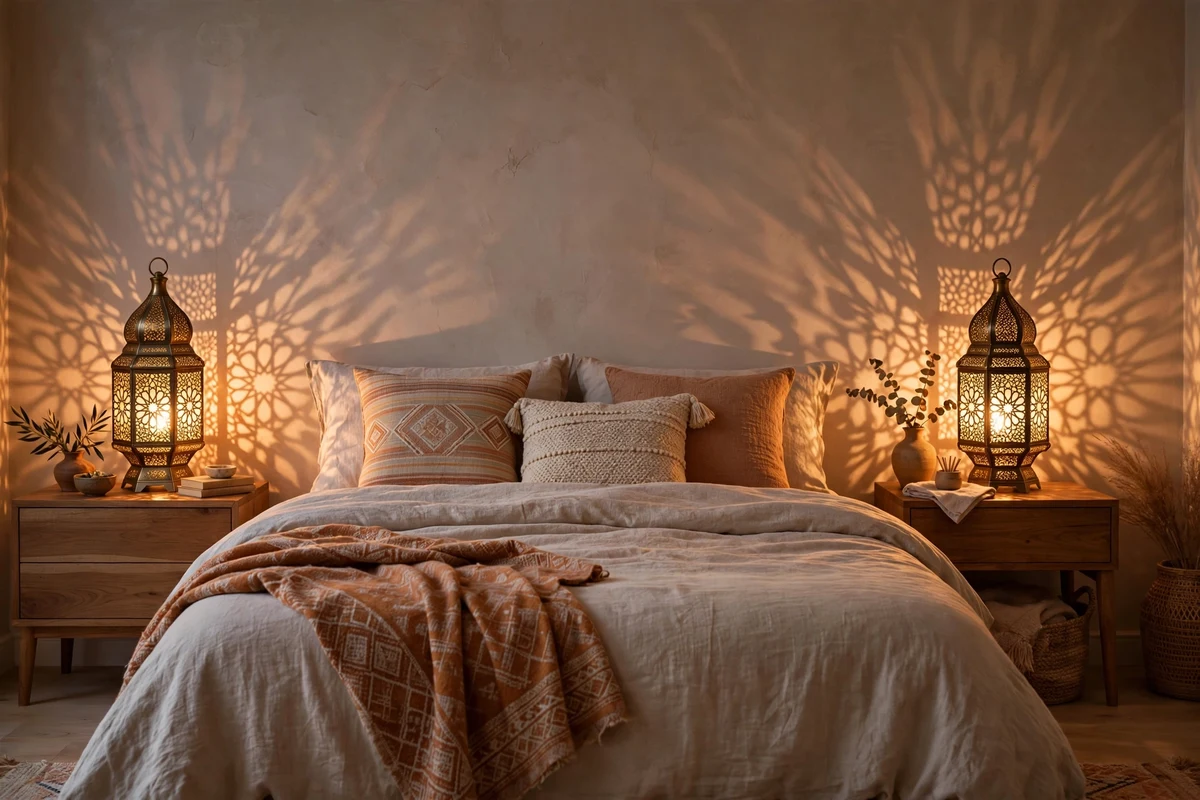 Pierced Moroccan lantern lamps on bedroom nightstands