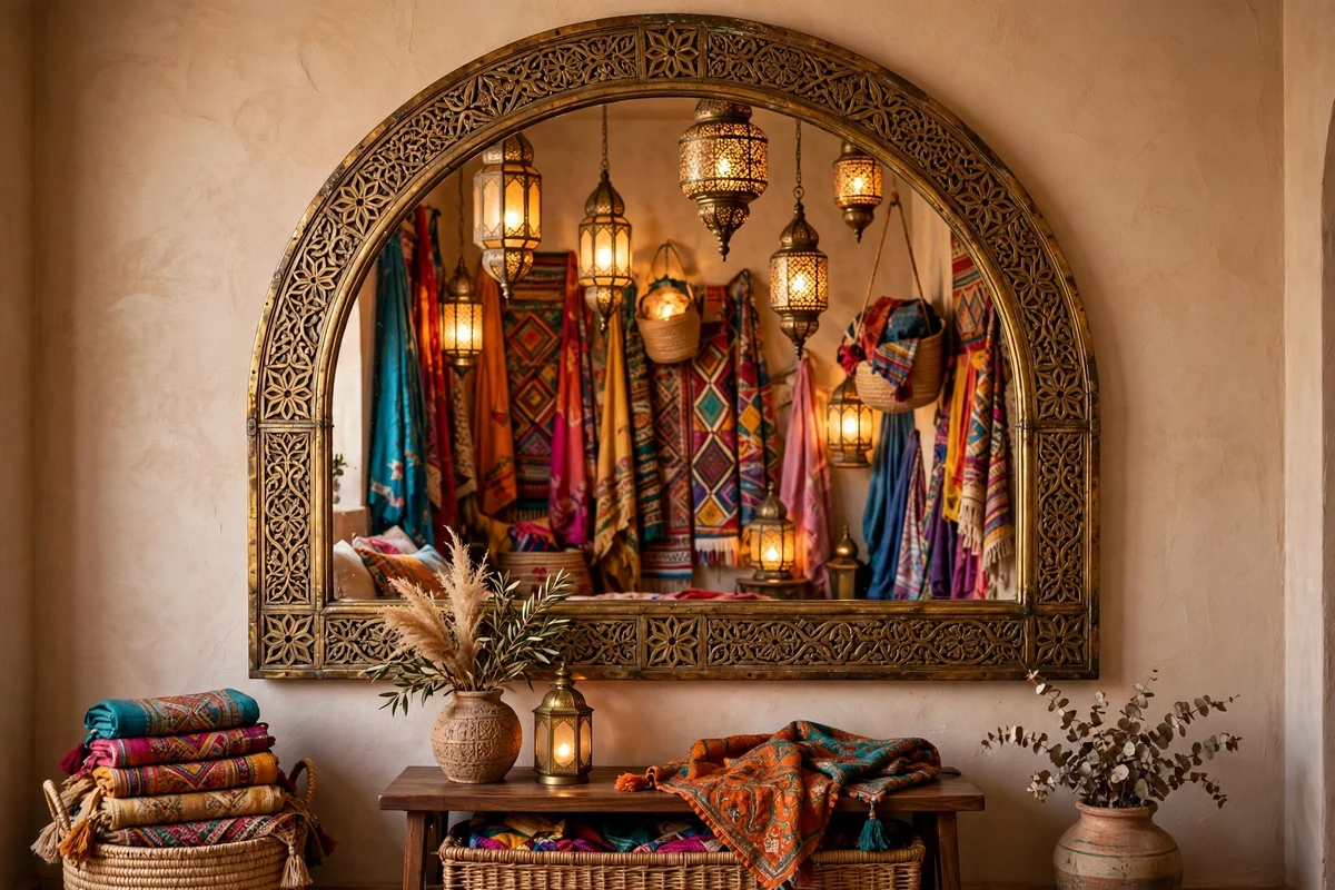 Carved brass Moroccan mirror with arched frame on a bedroom wall