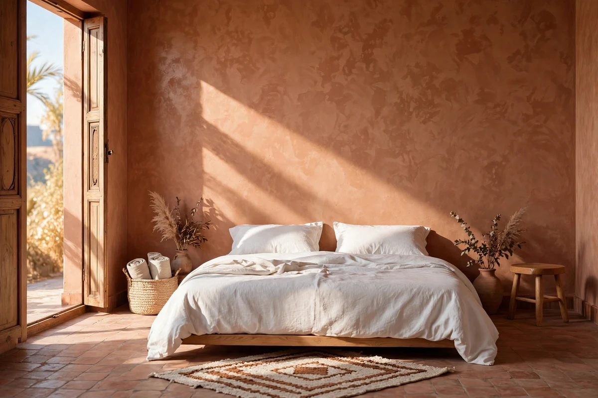 Warm tadelakt plaster walls in terracotta in a Moroccan bedroom