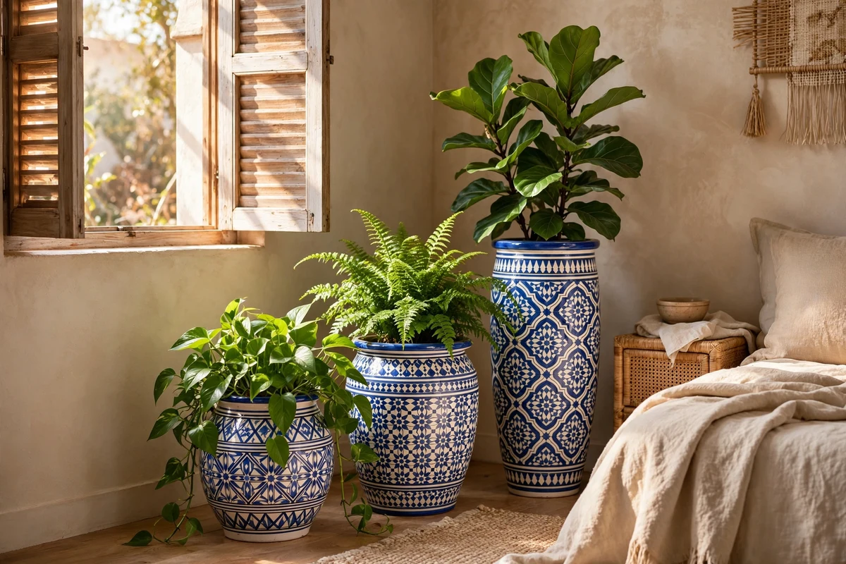 Indoor plants in painted Moroccan pots in a bedroom corner
