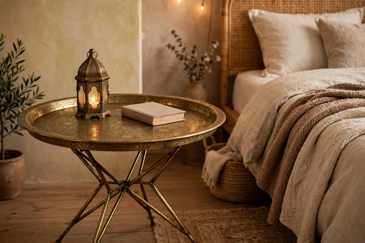 Engraved brass tray table used as a nightstand in a Moroccan bedroom