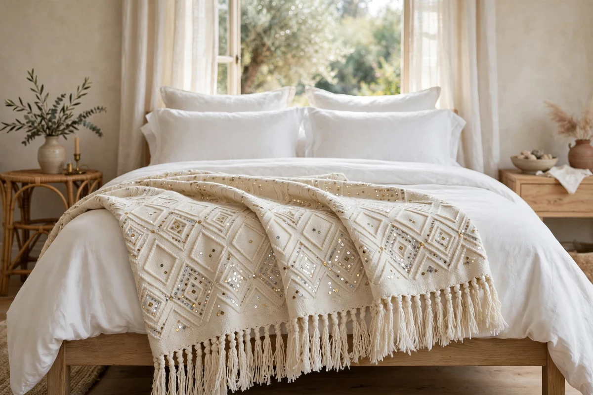 Sequined Moroccan wedding blanket draped at the foot of a bed