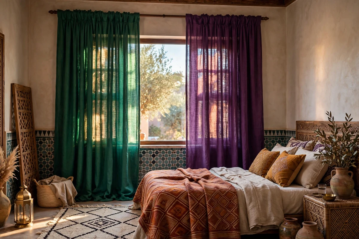 Jewel-tone linen curtains in a Moroccan bedroom