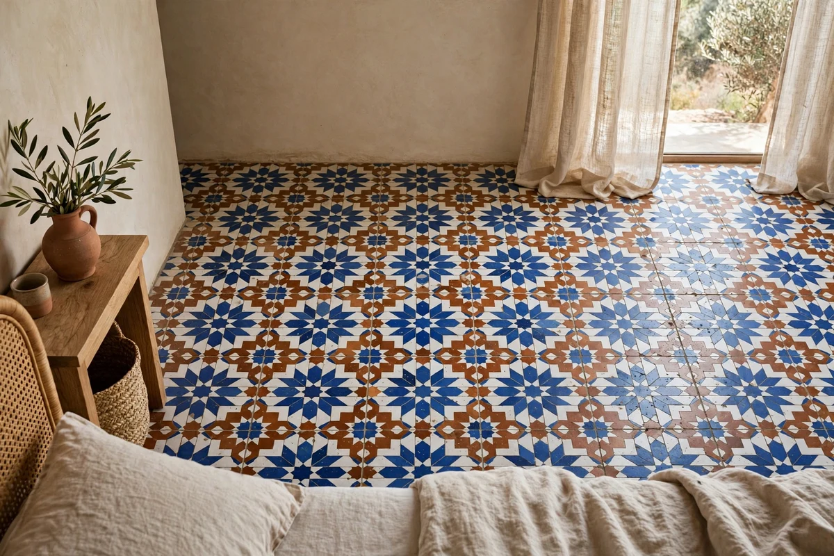 Patterned Moroccan cement tile floor in a bedroom