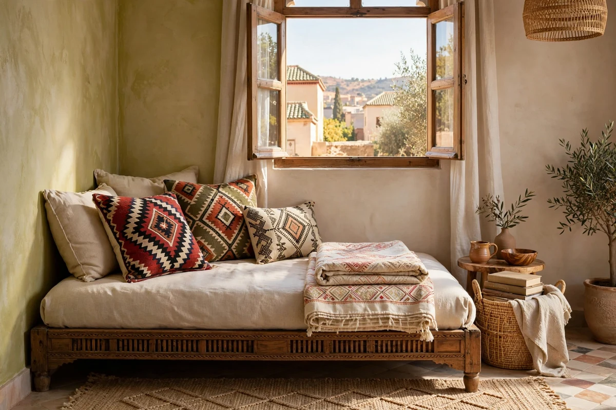 Low Moroccan daybed with cushions along a bedroom wall