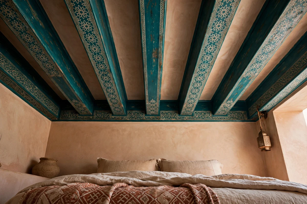 Carved wood beam ceiling in a Moroccan bedroom