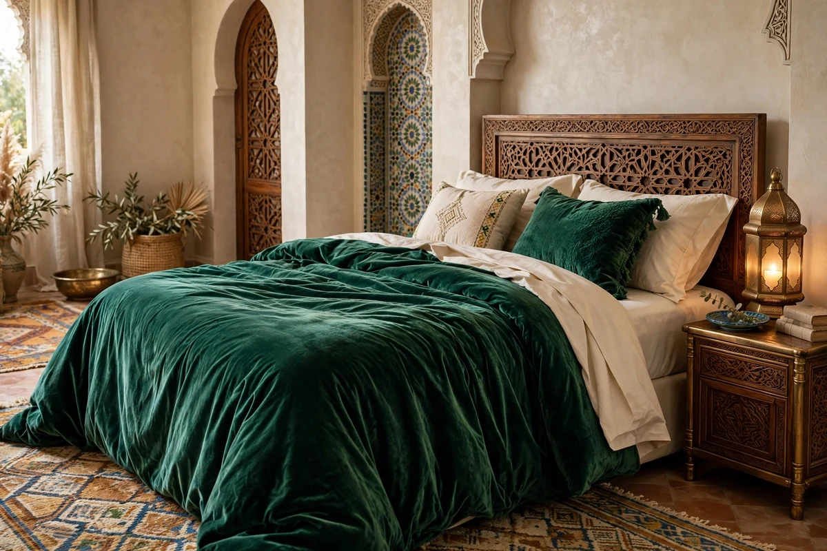 Rich velvet bedding in jewel tones on a Moroccan bed
