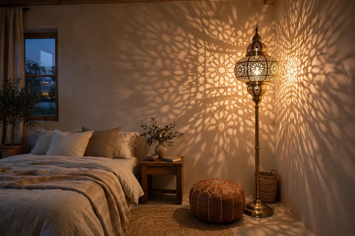 Brass Moroccan floor lamp with patterned shade in a bedroom corner