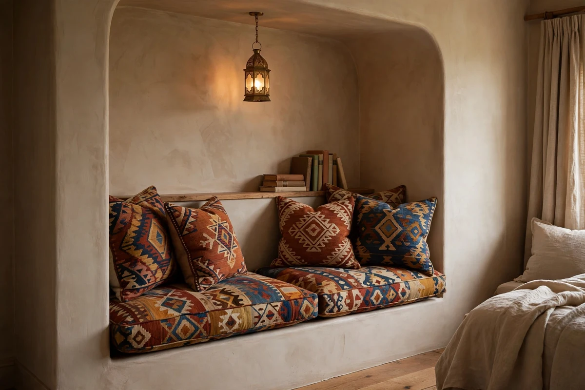 Cushioned alcove reading nook with lantern in a Moroccan bedroom
