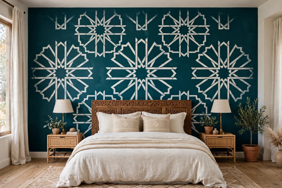 Hand-stenciled Moroccan pattern accent wall in a bedroom