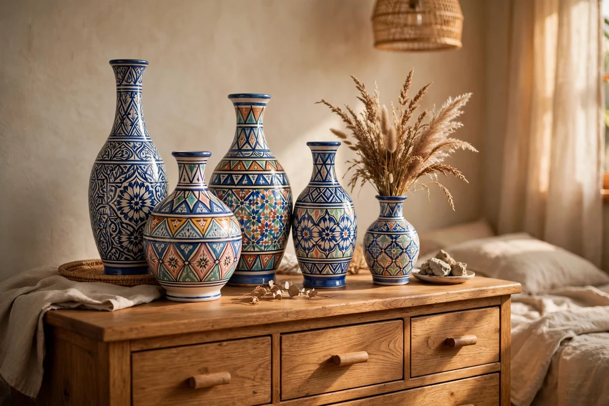 Colorful Moroccan ceramic vases and pottery on a bedroom dresser