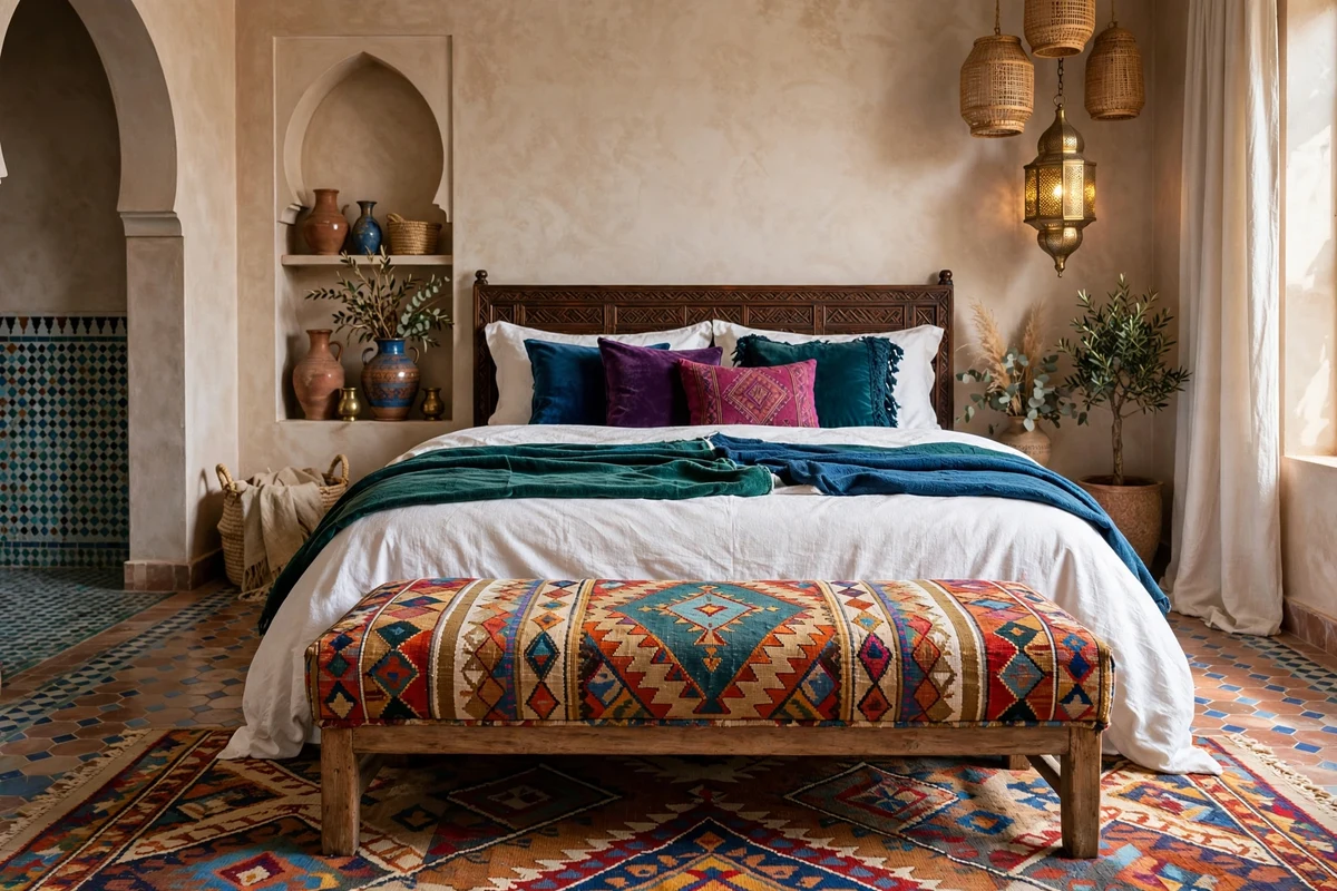 Kilim-upholstered bench at the foot of a Moroccan bed