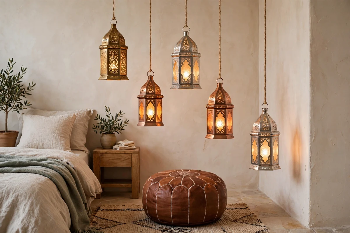 Hanging Moroccan lanterns clustered in a bedroom corner