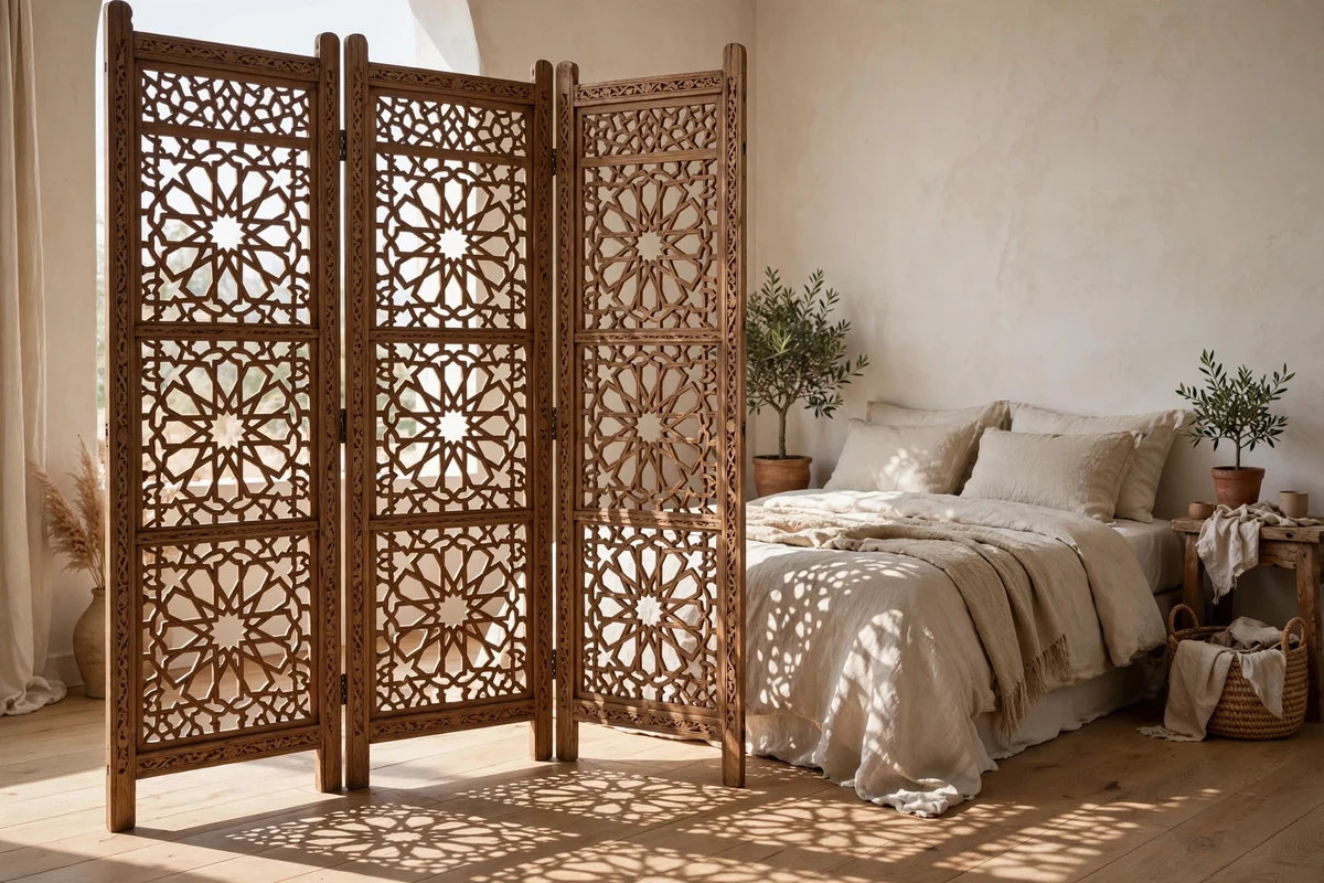 Carved wooden Moroccan room divider screen in a bedroom