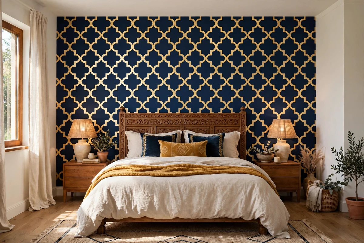 Bold Moroccan patterned wallpaper behind a bed