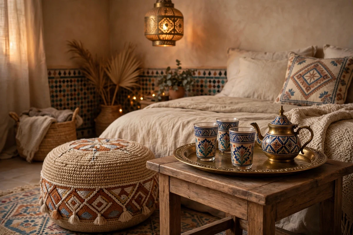 Moroccan tea corner with brass tray and painted glasses in a bedroom