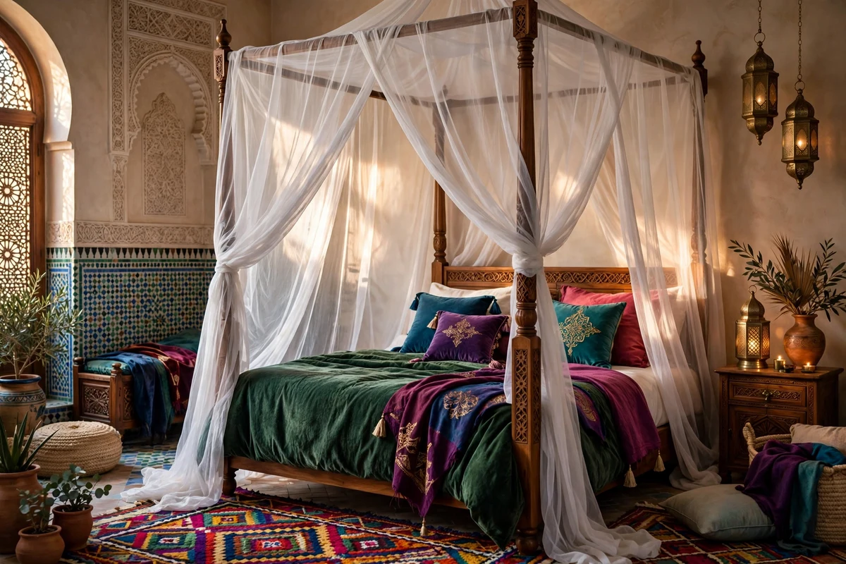 Four-poster bed with draped sheer fabric in a Moroccan bedroom
