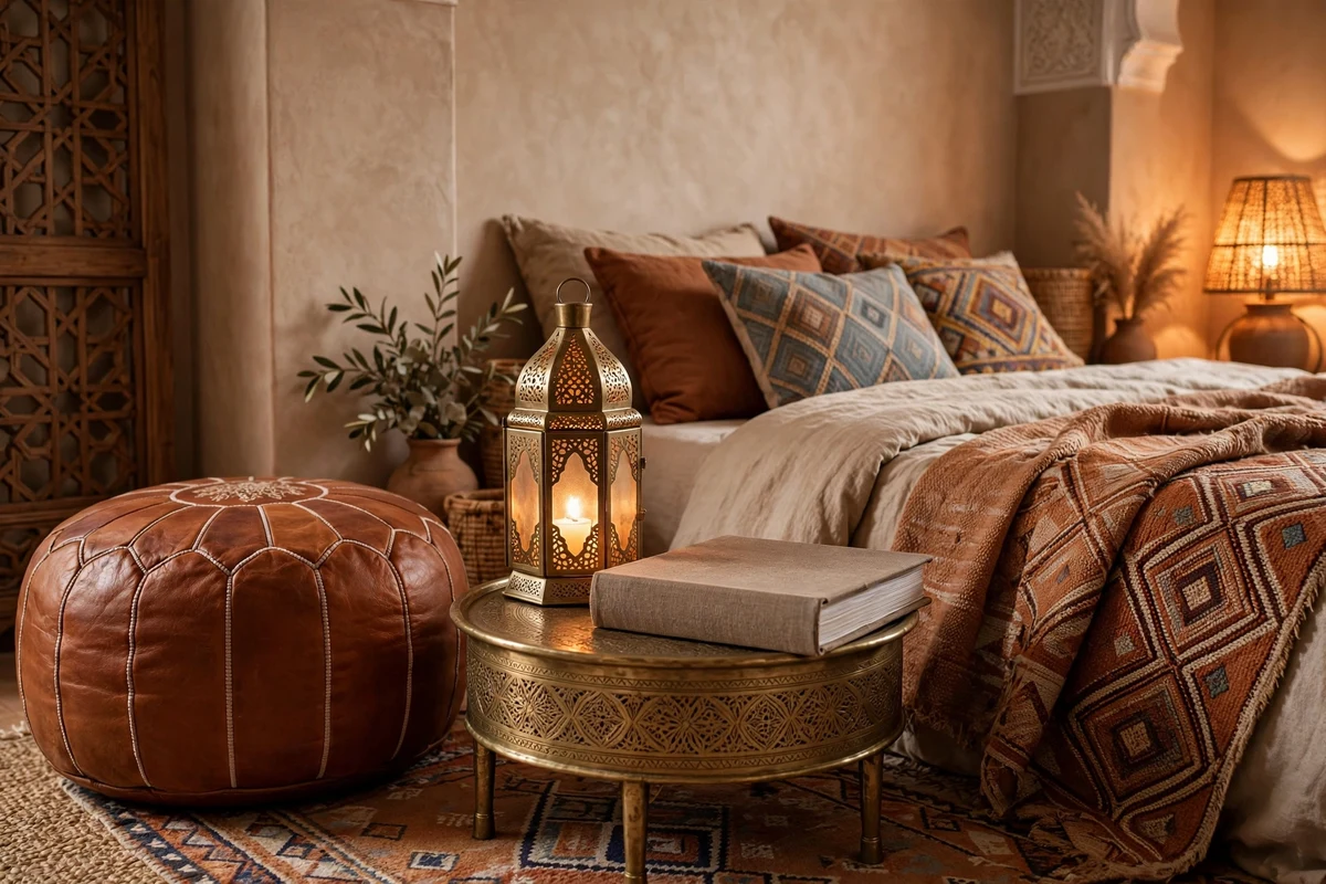 Styled vignette of pouf brass side table and lantern in a Moroccan bedroom