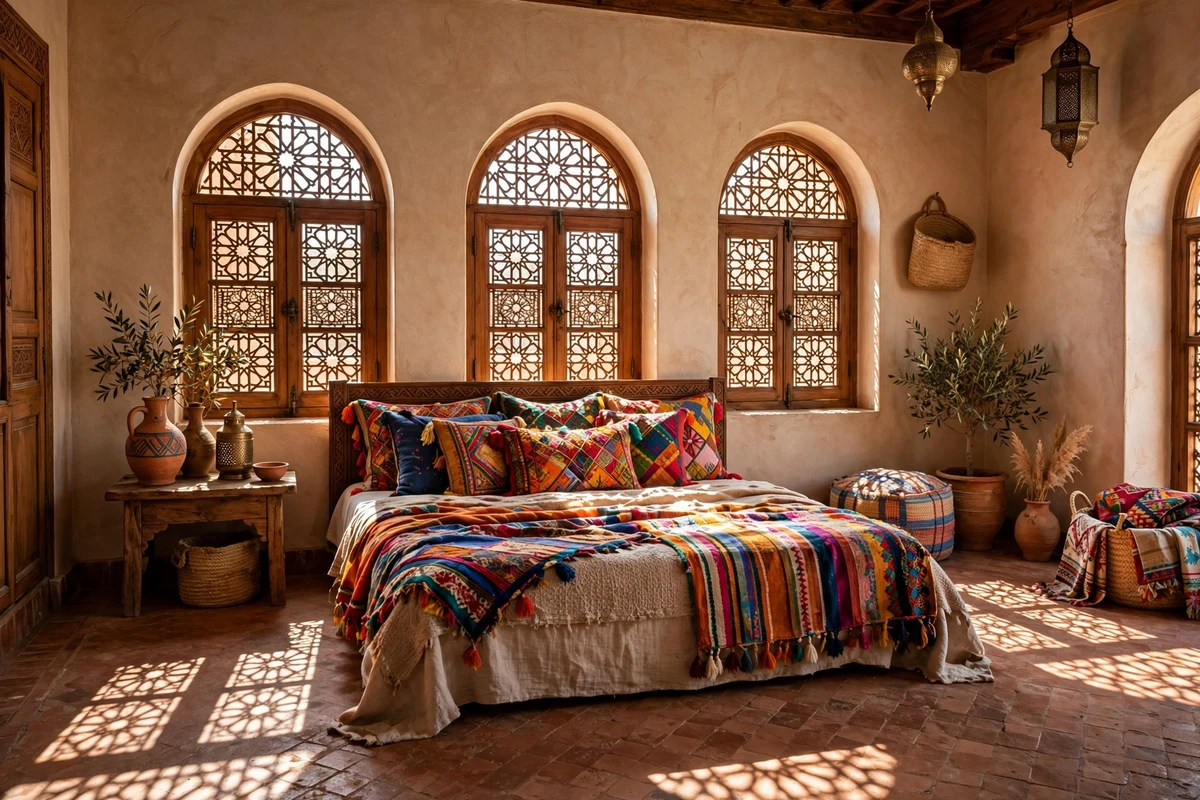 Arched bedroom windows with carved wooden Moroccan shutters
