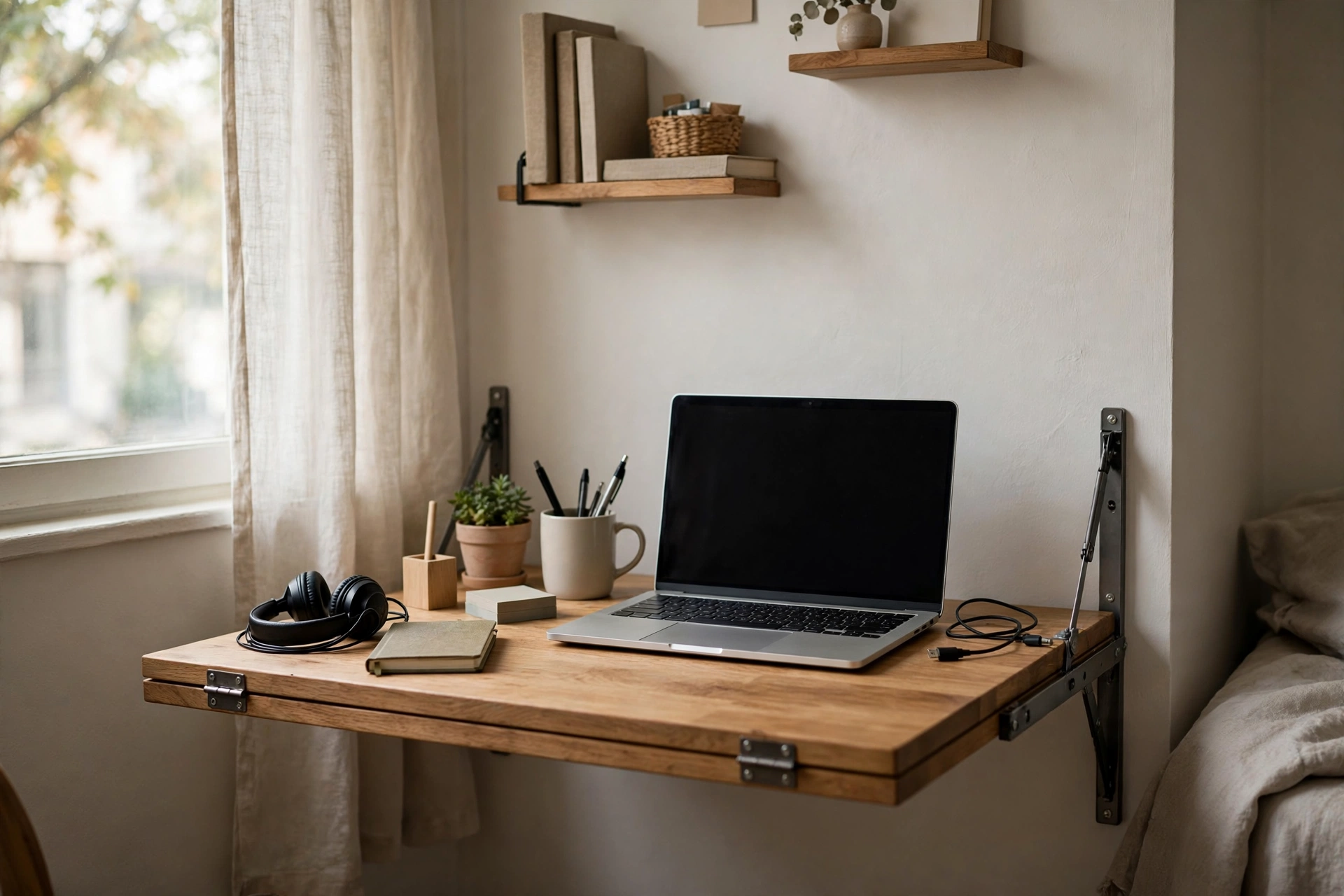 Fold-down wall-mounted desk open with laptop in a small studio apartment workspace