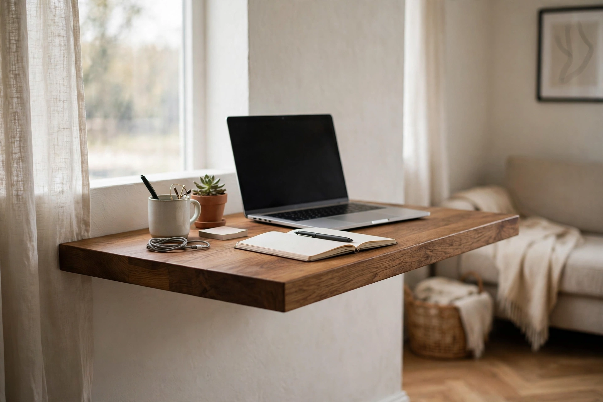 Deep floating wood shelf used as a minimalist desk with laptop in a studio apartment