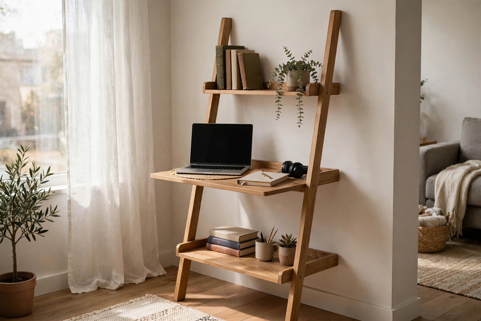 Ladder-style leaning desk with shelves and laptop in a studio apartment corner