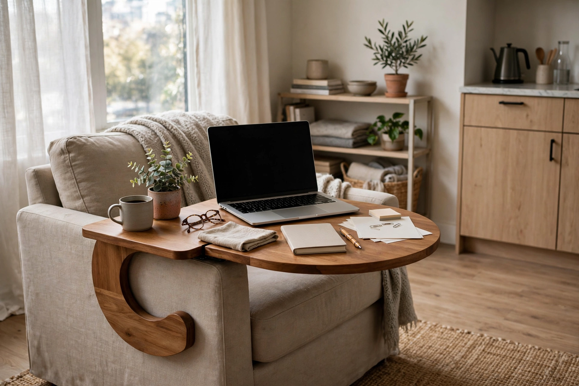 C-shaped side table slid over an armchair holding a laptop as a flexible workspace