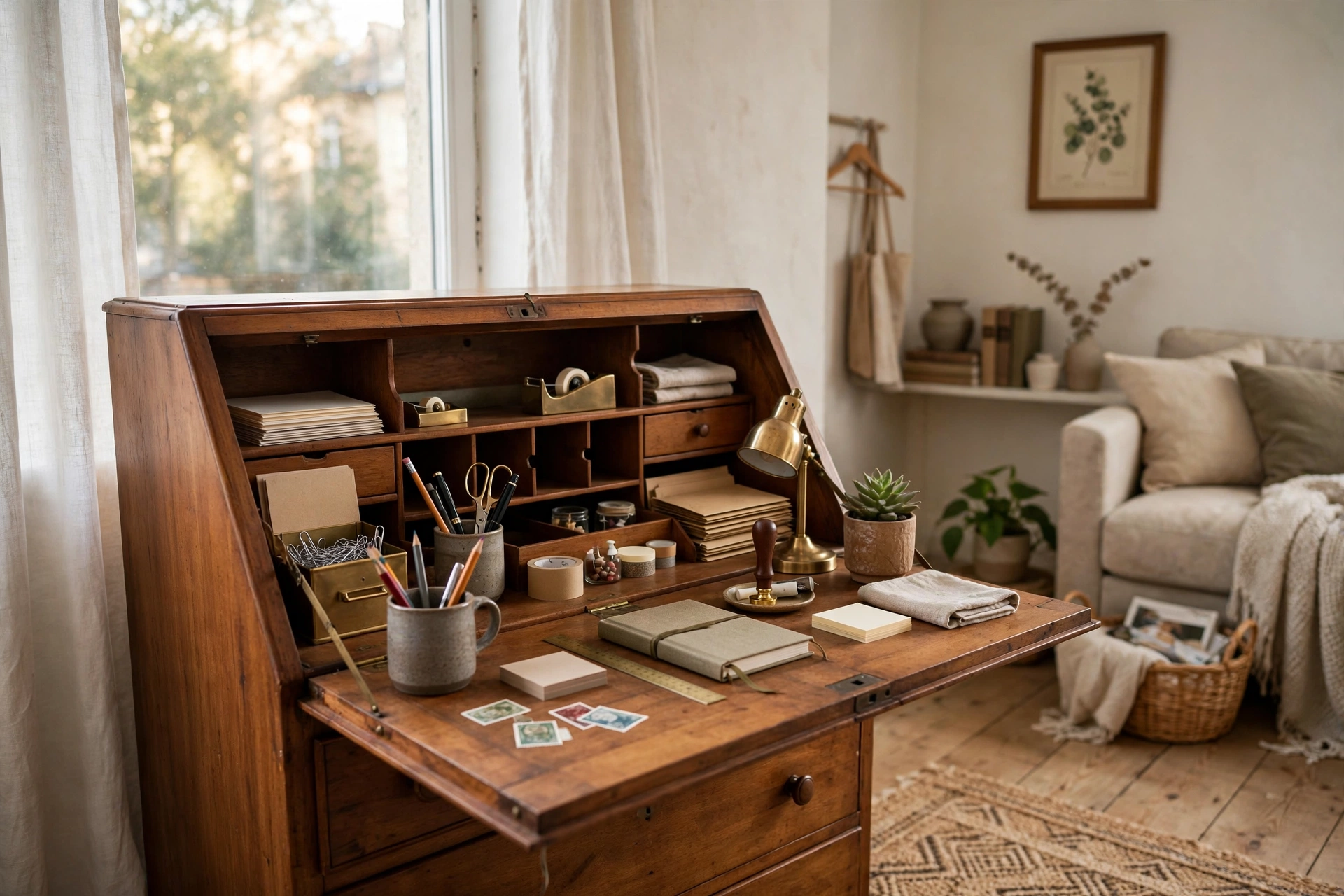 Wooden secretary desk with drop-front open revealing organized workspace in a studio
