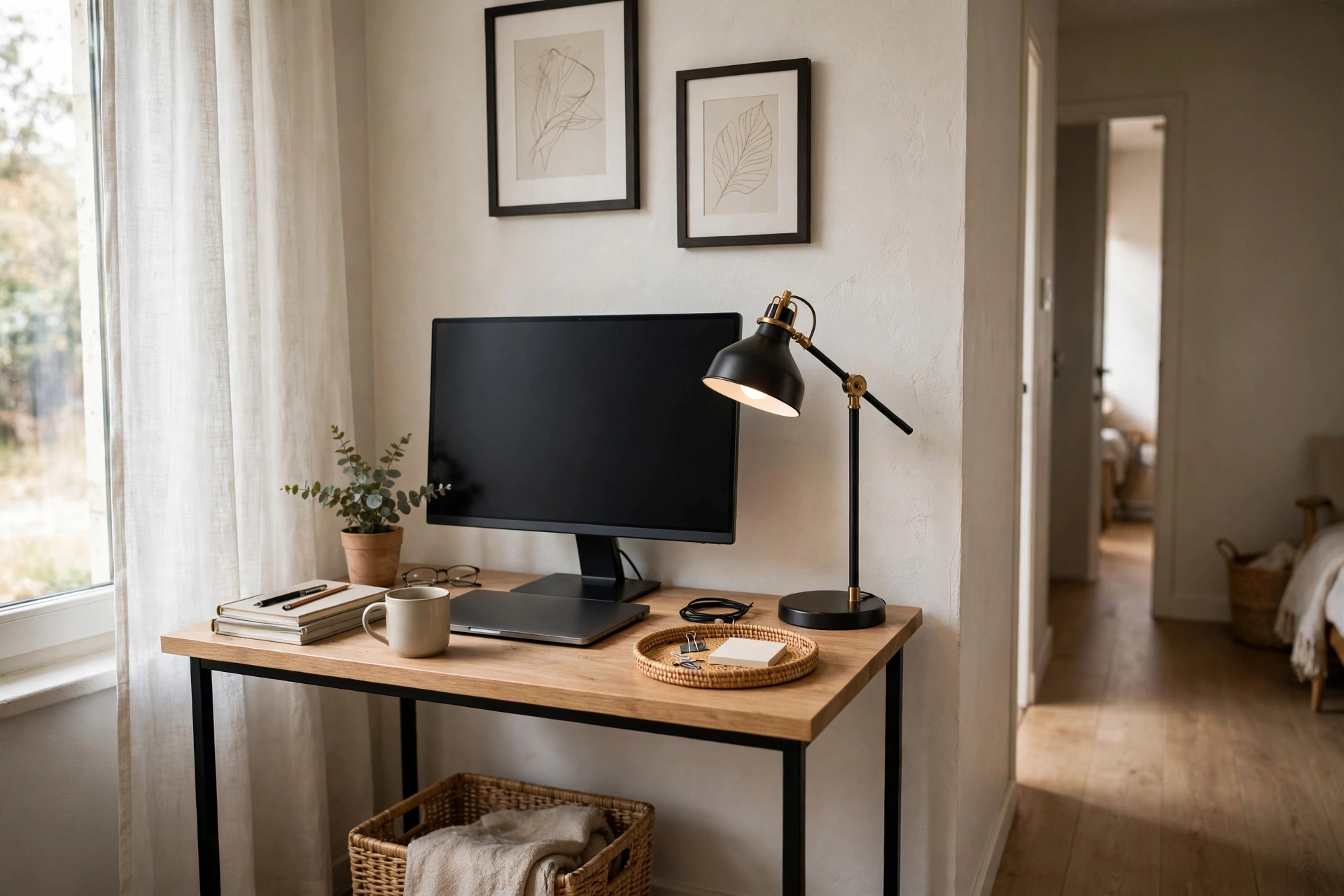 Slim console table styled as a desk with monitor and lamp against a studio apartment wall
