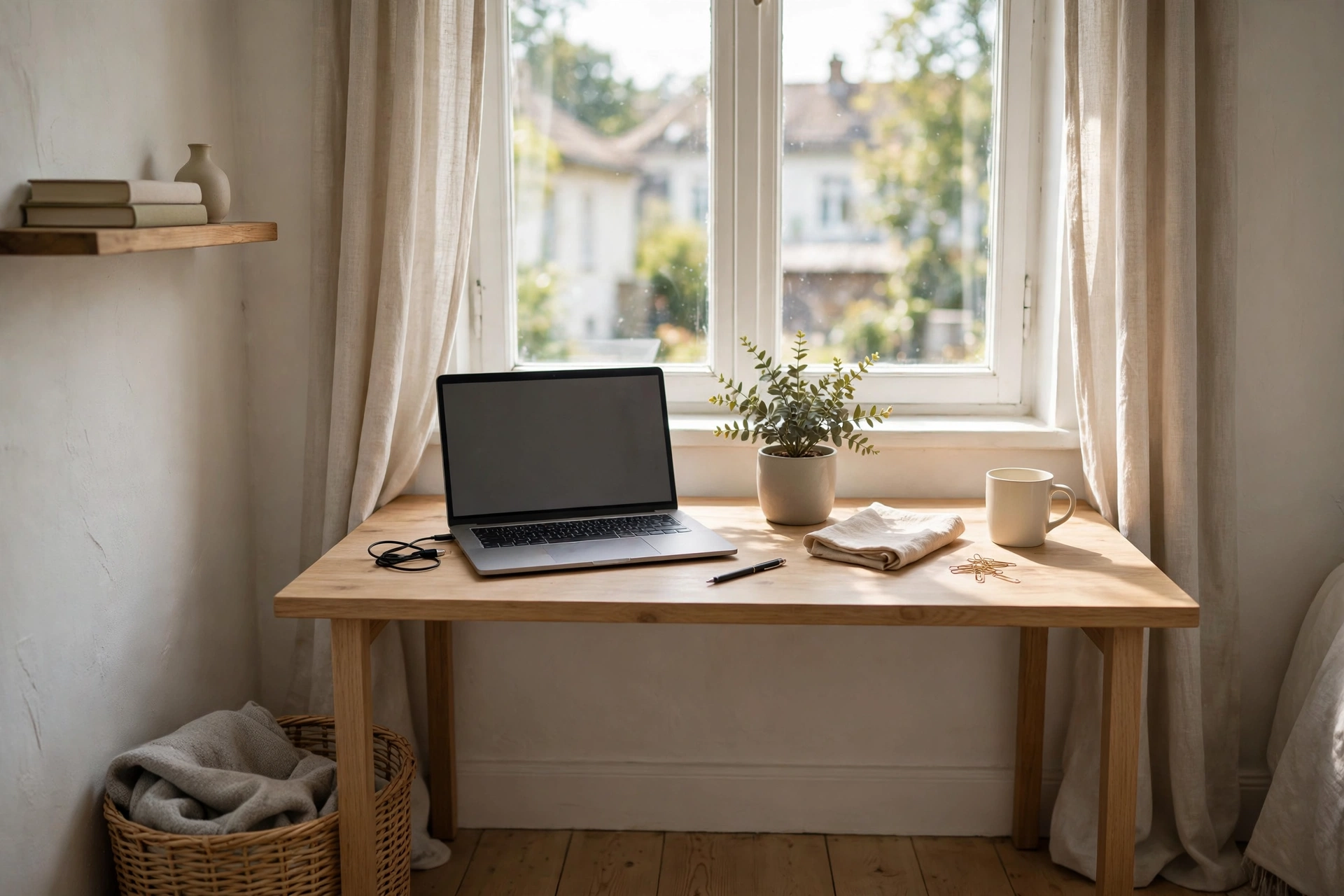 Narrow desk set under a bright window with laptop and natural light in a studio apartment