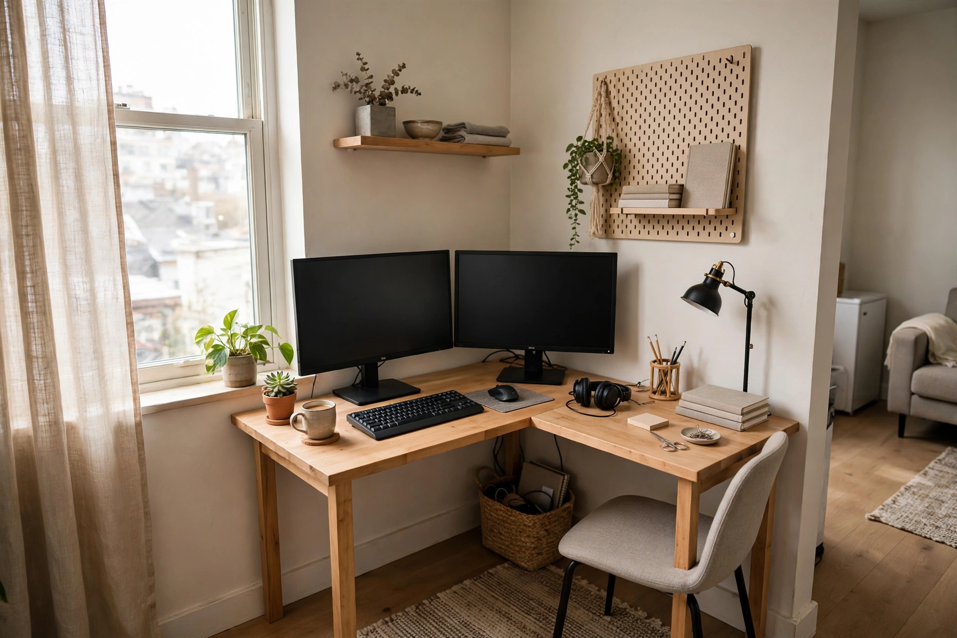 L-shaped corner desk with dual screens tucked into a studio apartment corner workspace