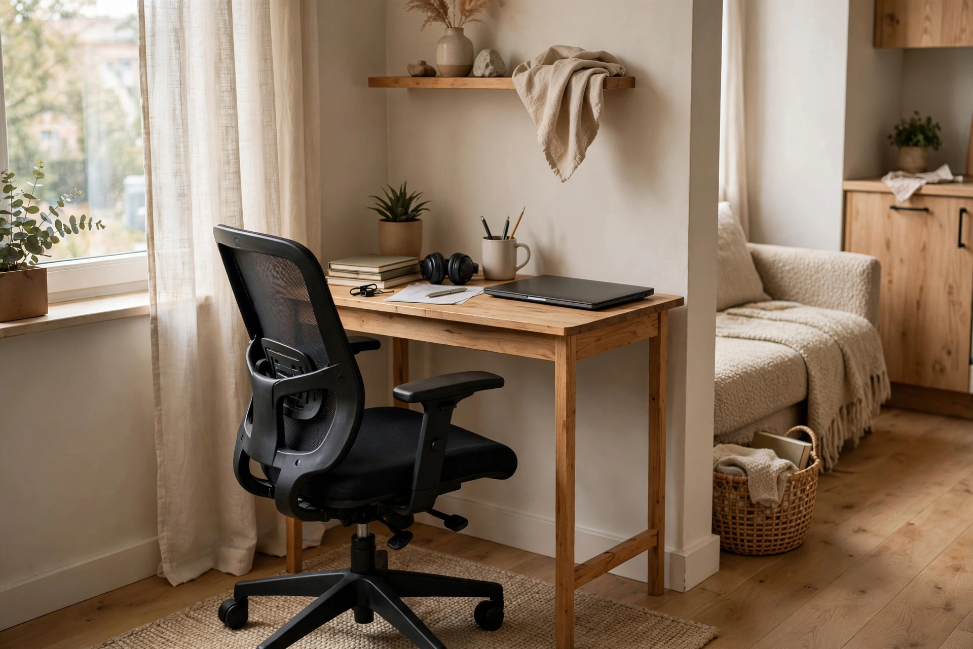 Compact black ergonomic office chair tucked under a small desk in a studio apartment