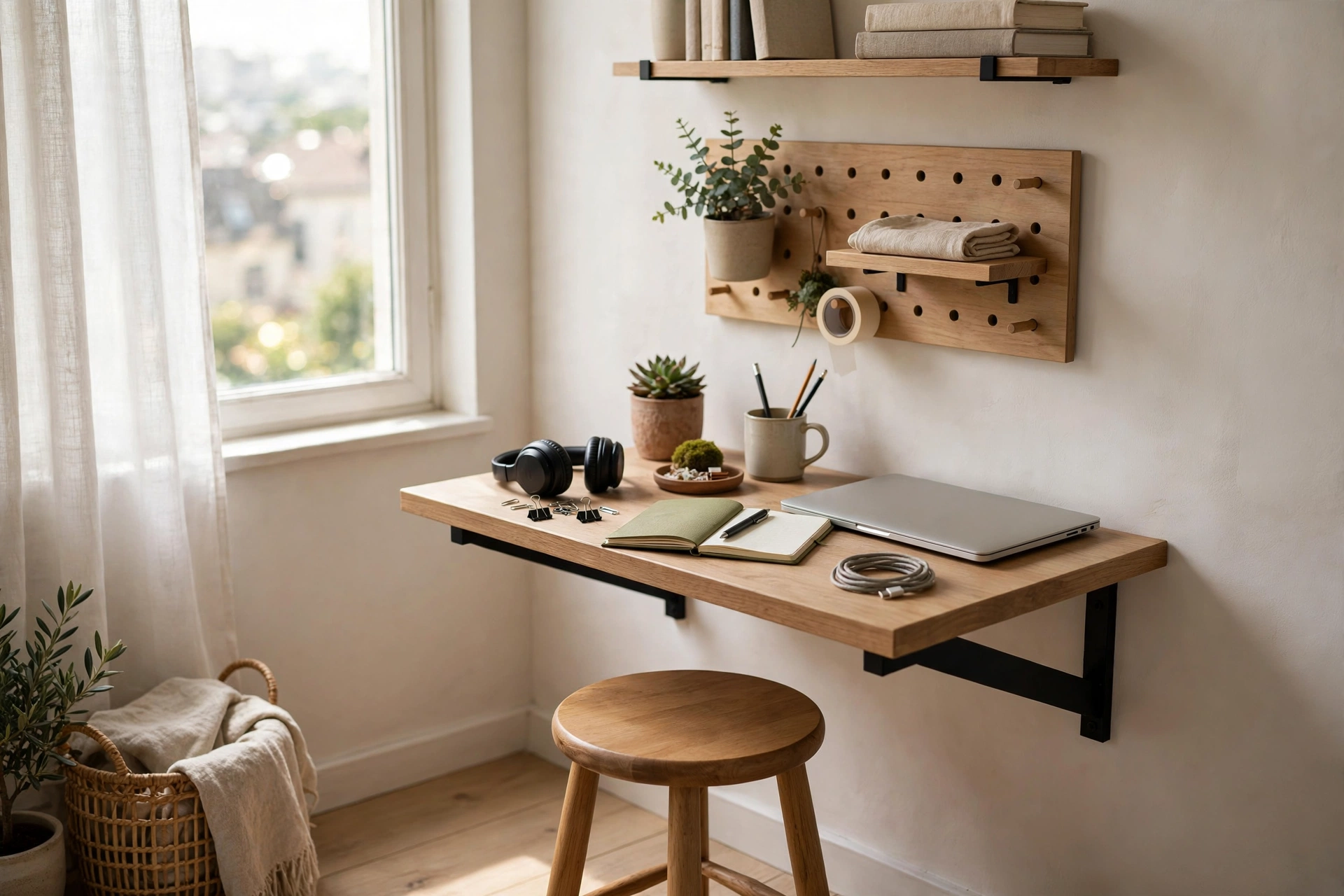 Wooden stool tucked neatly under a floating desk shelf in a tiny studio workspace